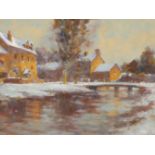 20th C. ENGLISH SCHOOL A COTSWOLD VILLAGE, LOWER SLAUGHTER, SIGNED INDISTINCTLY, OIL ON BOARD. 25