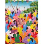 CONTEMPORARY CARIBBEAN SCHOOL A CROWDED MARKET PLACE BY THE SEA, SIGNED INDISTINCTLY, GOUACHE. 60