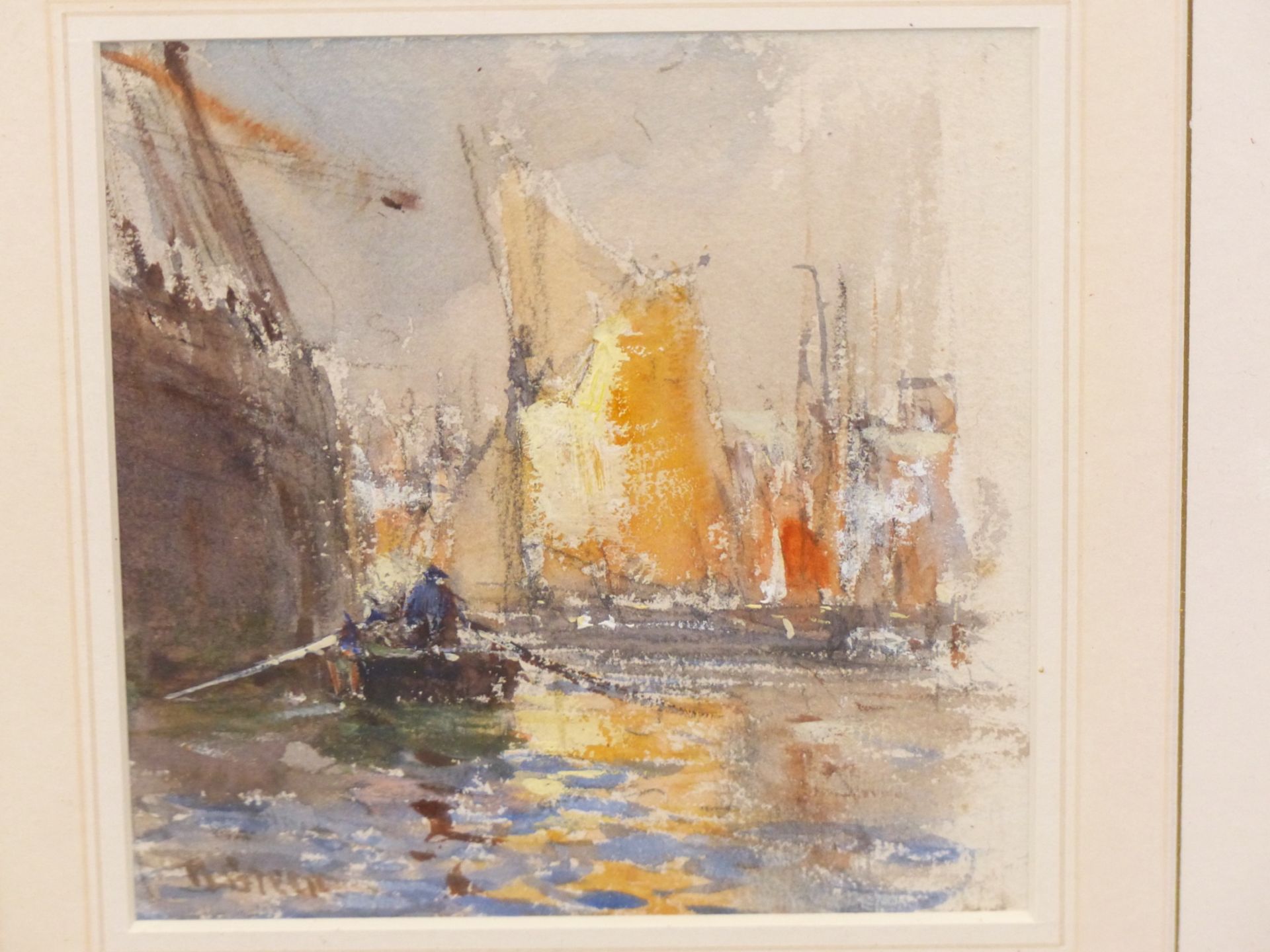 ? BRENT. ( EARLY 20TH CENTURY SCHOOL) ROWING A TENDER TO SHIPS IN DOCK. WATERCOLOUR. SIGNED - Image 2 of 6