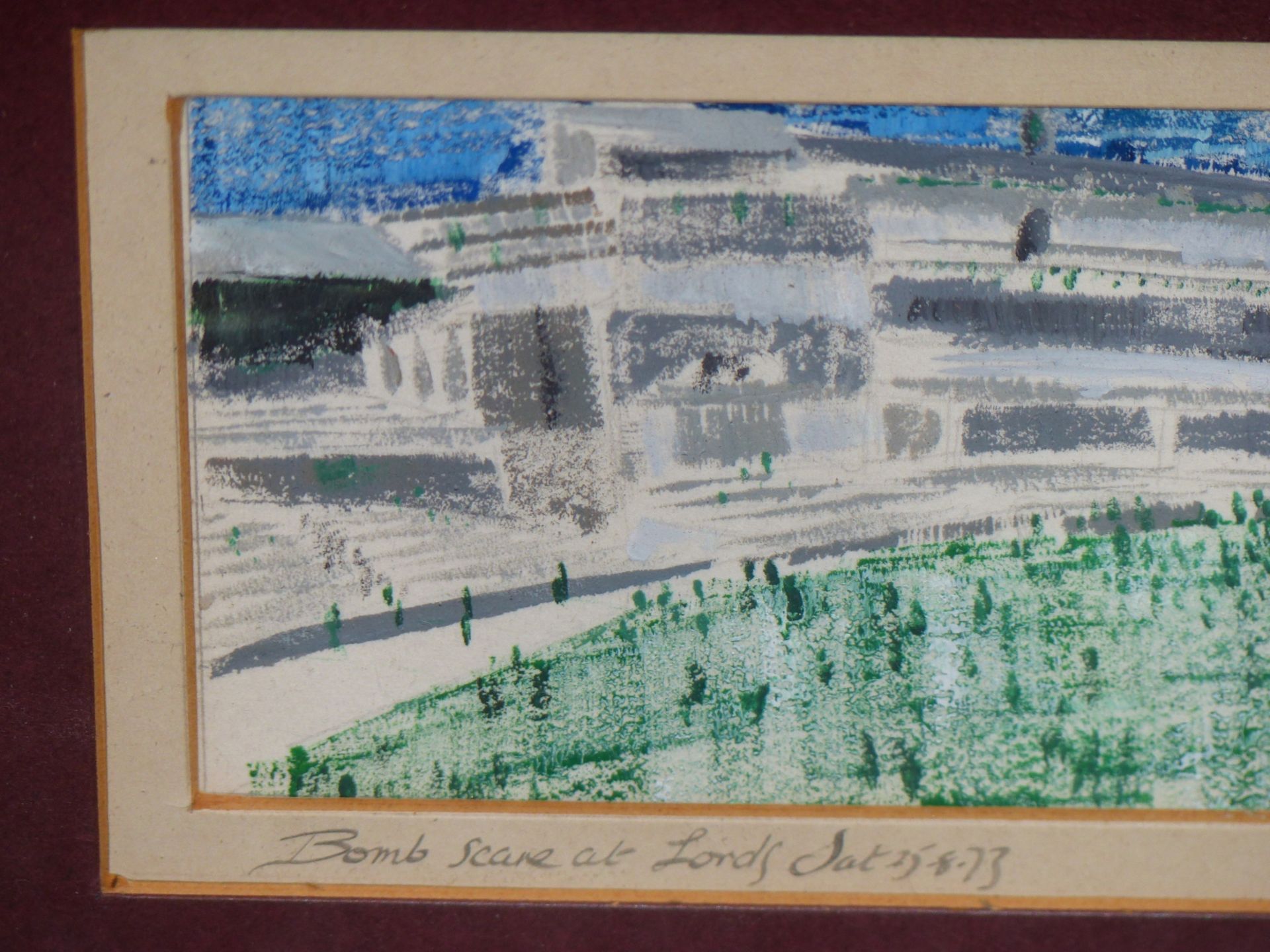 D. SMITH. ( 20TH CENTURY) "BOMB SCARE AT LORDS" PASTEL. SIGNED DATED AND TITLED TO MOUNT AND - Image 2 of 9