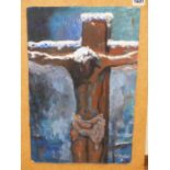 WILLIAM HALLE (1912- 1998)- THE CRUCIFIXION. OIL ON BOARD. SIGNED AND DATED '91. 29 X 44 cm.