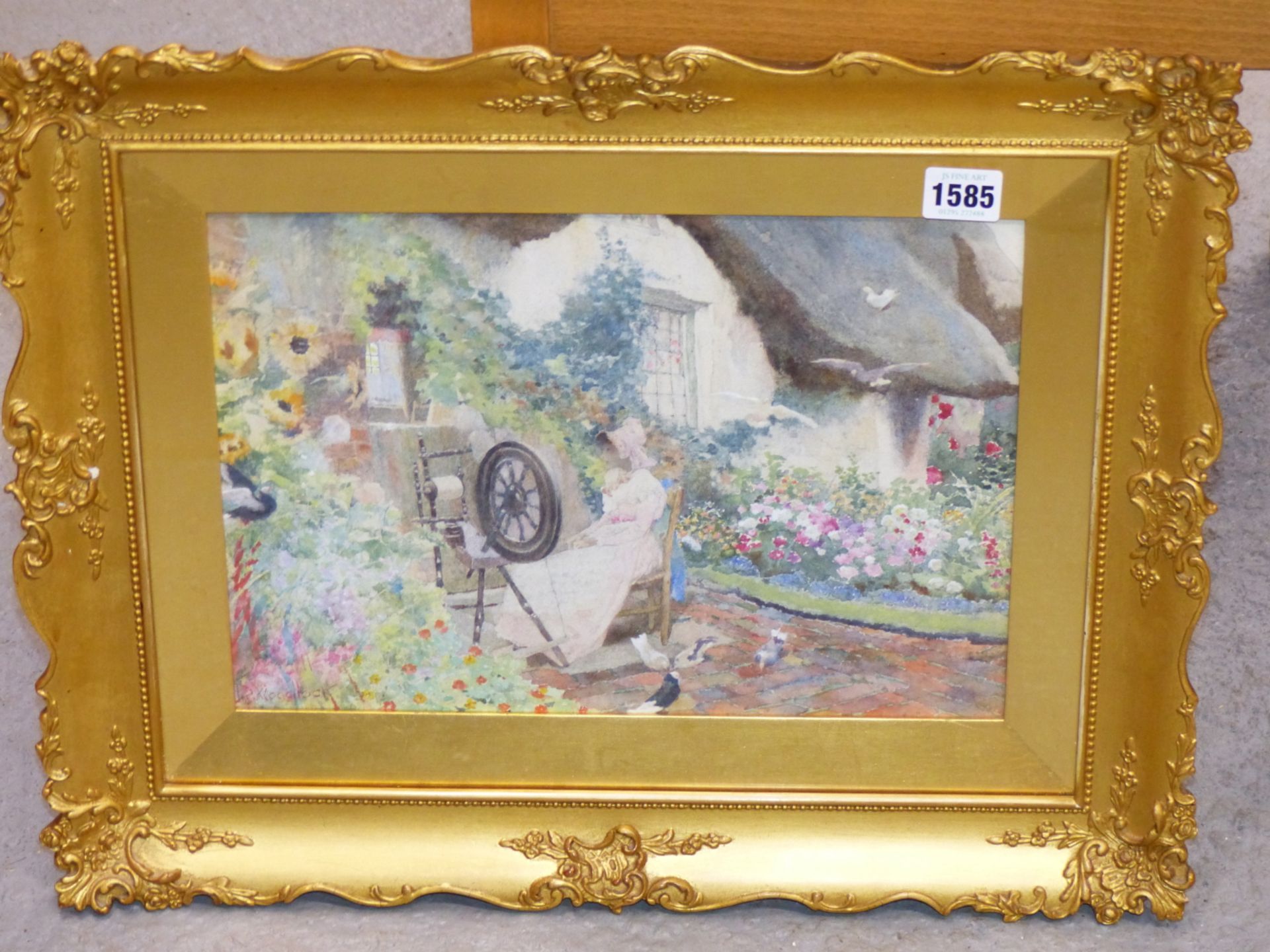 DAVID WOODLOCK (1842-1929), A LADY SEATED AT HER SPINNING WHEEL IN A COTTAGE GARDEN WITH FLOWERS AND - Image 6 of 9