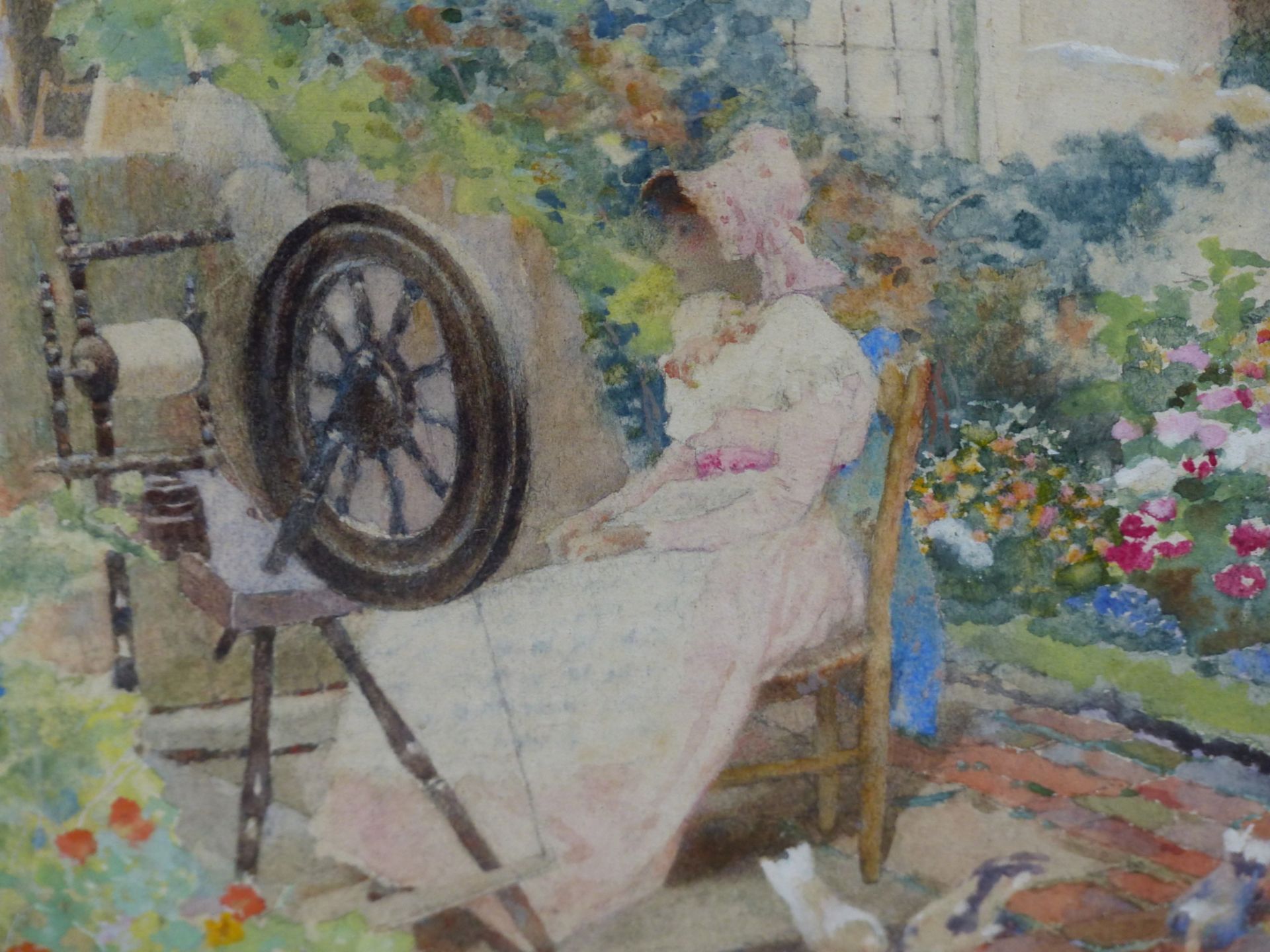 DAVID WOODLOCK (1842-1929), A LADY SEATED AT HER SPINNING WHEEL IN A COTTAGE GARDEN WITH FLOWERS AND - Image 3 of 9