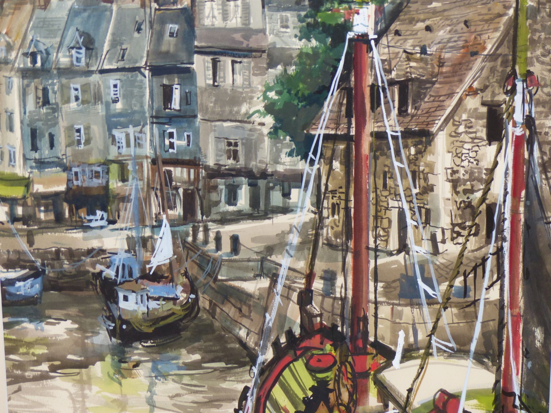 BONE (20th C. ENGLISH SCHOOL) ARR. CONTINENTAL VILLAGE HARBOUR, SIGNED, WATERCOLOUR. 74 x 54cms - Image 4 of 6