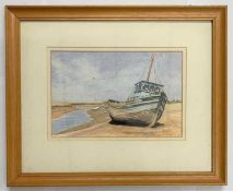Norna Johnston (British, contemporary), beached boats on a shore line, watercolour, 6.5x10ins,