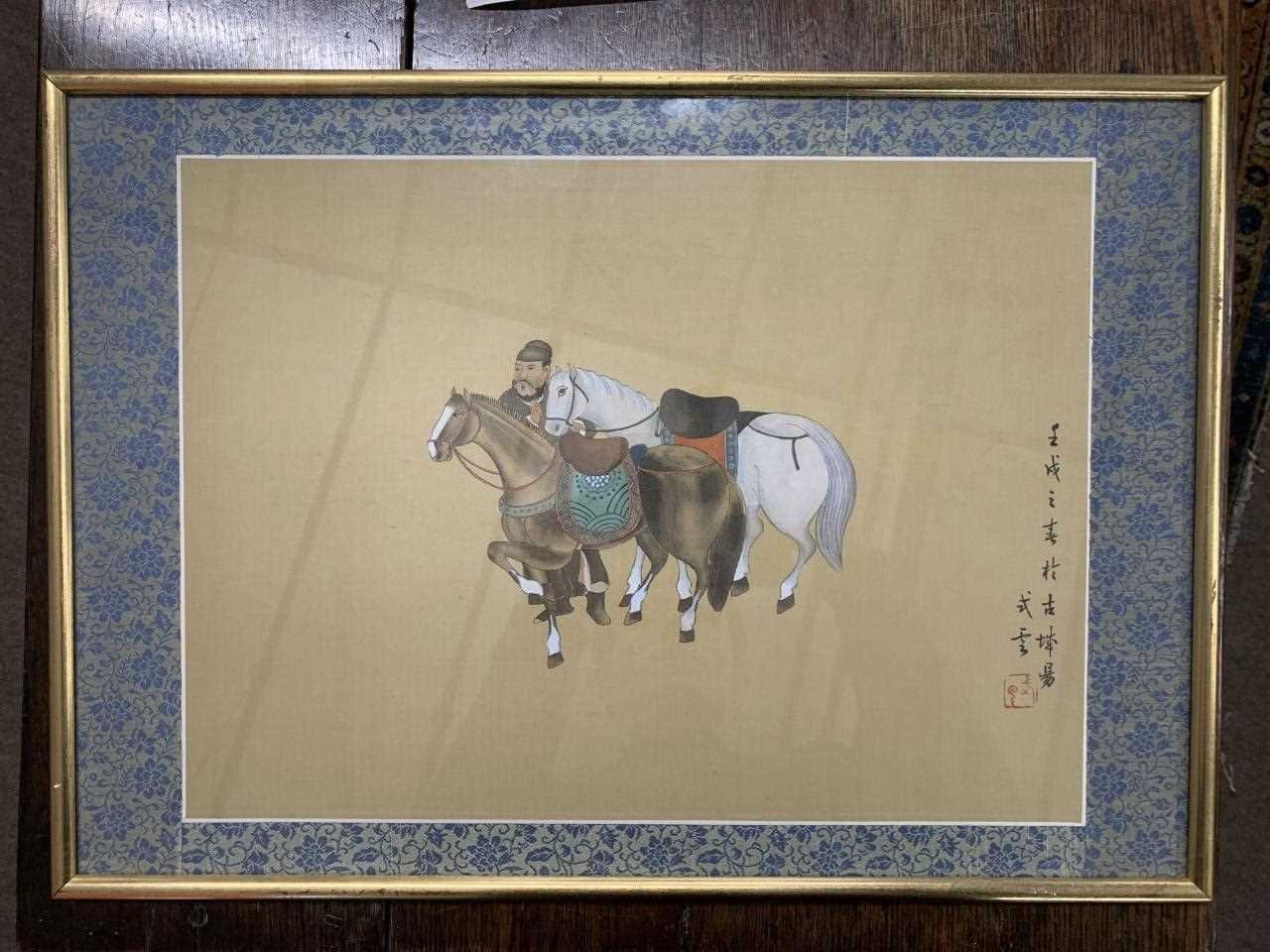 After Hai Shin (Chinese, 20th century), four Chinese horse men, watercolour and ink on silks,15. - Image 3 of 4