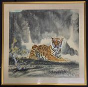 Lin Wanxun (Chinese, 20th century), Tiger, watercolour and ink calligraphy on rice paper, 25x25ins