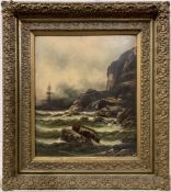 British School, 19th century, seascape with distant ships on a rocky coastline, oil on board,