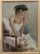 Wanda Adamczyk (Polish, contemporary), a study of a seated woman in white laced dress, pastel on