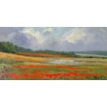 Shirley Carnt (British, b.1927 -), "Poppy Fields, North Norfolk", oil on board, signed, 12x24ins