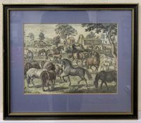 After Abraham Van Diepenbeke (1596-1675), "Les Haras" hand coloured engraving, mounted, framed and