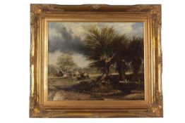 British School, 19th century, landscape depicting pollarded willow trees by a small stream with a