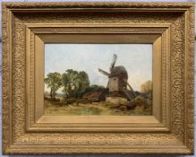 M. Wills (British, 20th century) "Near Southend", staffage and windmill scene, oil on board,approx