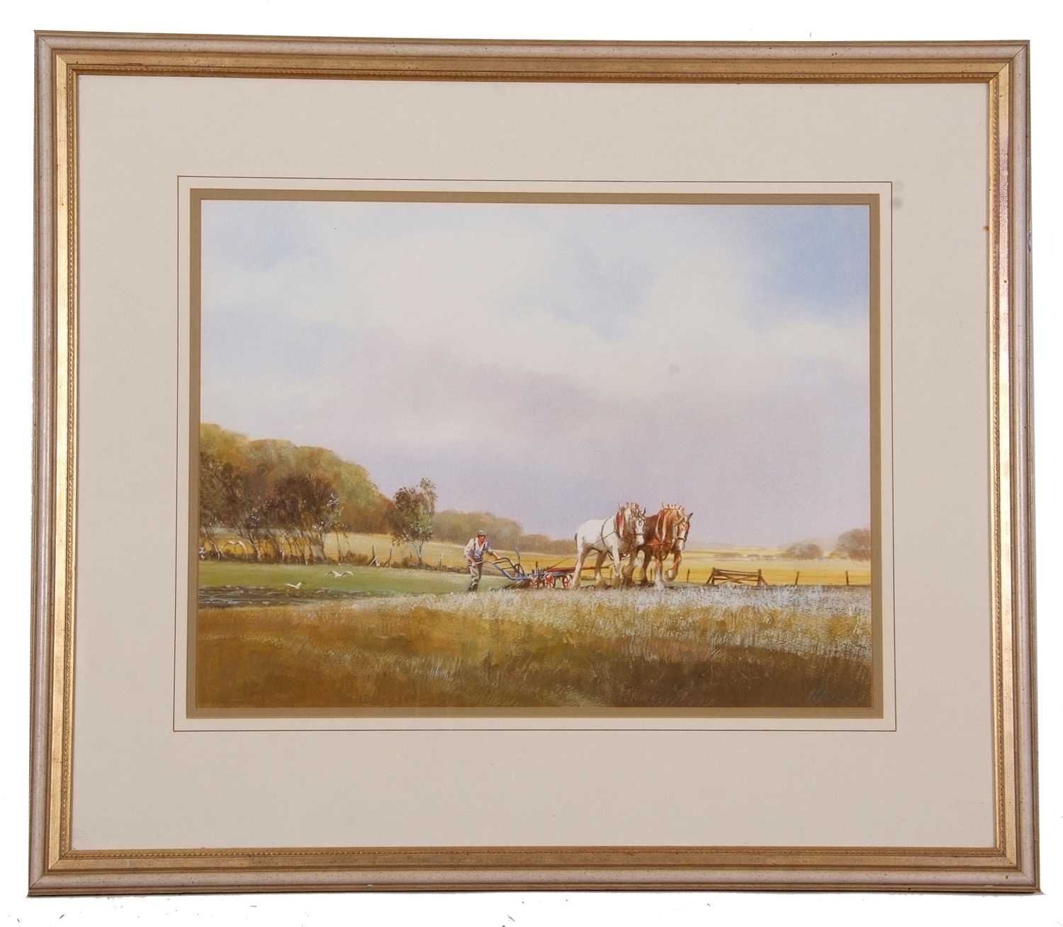 Michael J. Sanders (British, b.1950), Shirehorses and plough, watercolour,14x18ins, signed, mounted, - Image 2 of 3