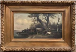 Attributed to Charles Lefevre (French,19th century), grazing cattle, oil on canvas,12.5x22ins,