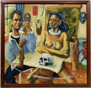 British, contemporary, Interior scene with artist and indigenous woman surrounded by tribal objects,