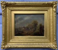 British School, 19th century, rural landscape with staffage, oil on canvas,6.5x8.5ins, gilt framed.