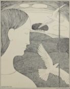 Hannah Frank (British 1908-2008), 'Girl at Window', 1952. A Female Figure Juxtaposed Two Birds