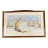 British School, 20th century, shipping estuary scene, watercolour, indistinctly signed, 9x17ins,