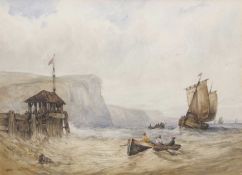 William Callow RWS (British, 1812-1908), Ships off the coast and figures rowing ashore, watercolour,