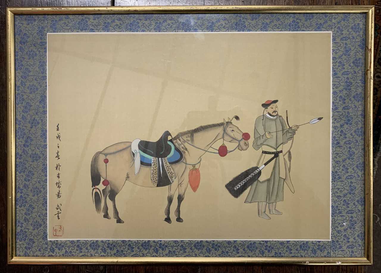 After Hai Shin (Chinese, 20th century), four Chinese horse men, watercolour and ink on silks,15. - Image 2 of 4