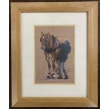 Sarah Pyefinch (British, contemporary), Suffolk punch and handler, goucache, 9x6ins, mounted, framed