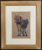 Sarah Pyefinch (British, contemporary), Suffolk punch and handler, goucache, 9x6ins, mounted, framed