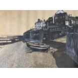 British, contemporary, Sheringham seafront, oleograph, 68x48ins, unframed, unglazed.Central tears