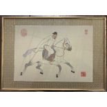 After Hai Shin (Chinese, 20th century), four Chinese horse men, watercolour and ink on silks,15.