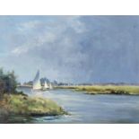 Shirley Carnt (British, b.1927 -), "Spring day on the River Thurne", oil on board, signed,