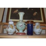 Quantity of painted glass vases and a cylindrical pottery vase