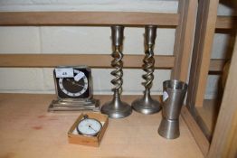 Mixed Lot: Chrome decorated mantel clock, candlesticks and other items