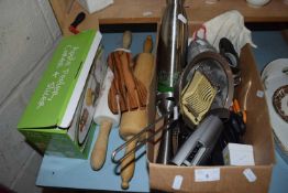 Quantity of various assorted kitchen wares, rolling pin etc