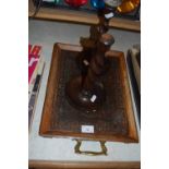 Pair of barley twist candlesticks and wooden tray