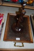 Pair of barley twist candlesticks and wooden tray