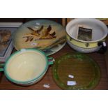 Mixed lot comprising a Whieldon vegetable dish, a plasterwork plate decorated with ducks, chamber