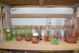 Quantity of various coloured drinking glasses to include a lemonade set