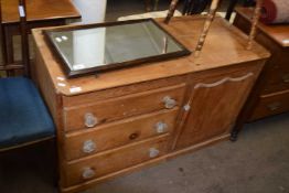 Late 19th Century pine dresser base with three doors and one drawer fitted with glass handles, 114