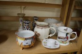 Group of china wares including a Clarice Cliff type sugar bowl