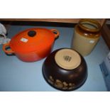 Mixed Lot: Le Creuset cooking pot, pottery bowl and a stoneware storage jar