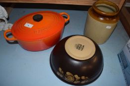 Mixed Lot: Le Creuset cooking pot, pottery bowl and a stoneware storage jar