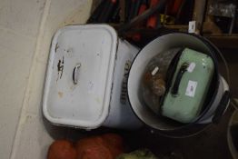 Enamel bread bin, enamel bucket, an enamel pan and a galvanised scoop (4)