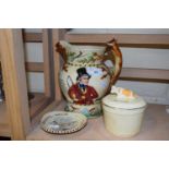 Crown Devon fox hunting musical jug and two other china items