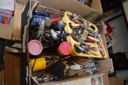 Box containing a quantity of kitchen implements and cutlery