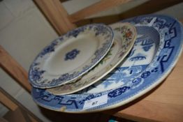 Blue and white printed meat plate and two other plates