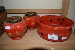 Mottled glass vases and matching bowl