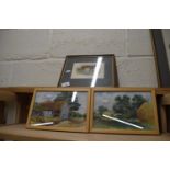 Mixed Lot: Pair of watercolour studies, rural scenes together with a coloured print of a tiger