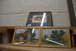 Mixed Lot: Pair of watercolour studies, rural scenes together with a coloured print of a tiger