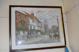 Coloured print, street scene