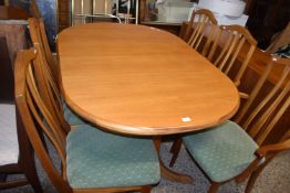 Retro mid-Century Sutcliffe teak dining table and six chairs, the chairs marked to the bases '